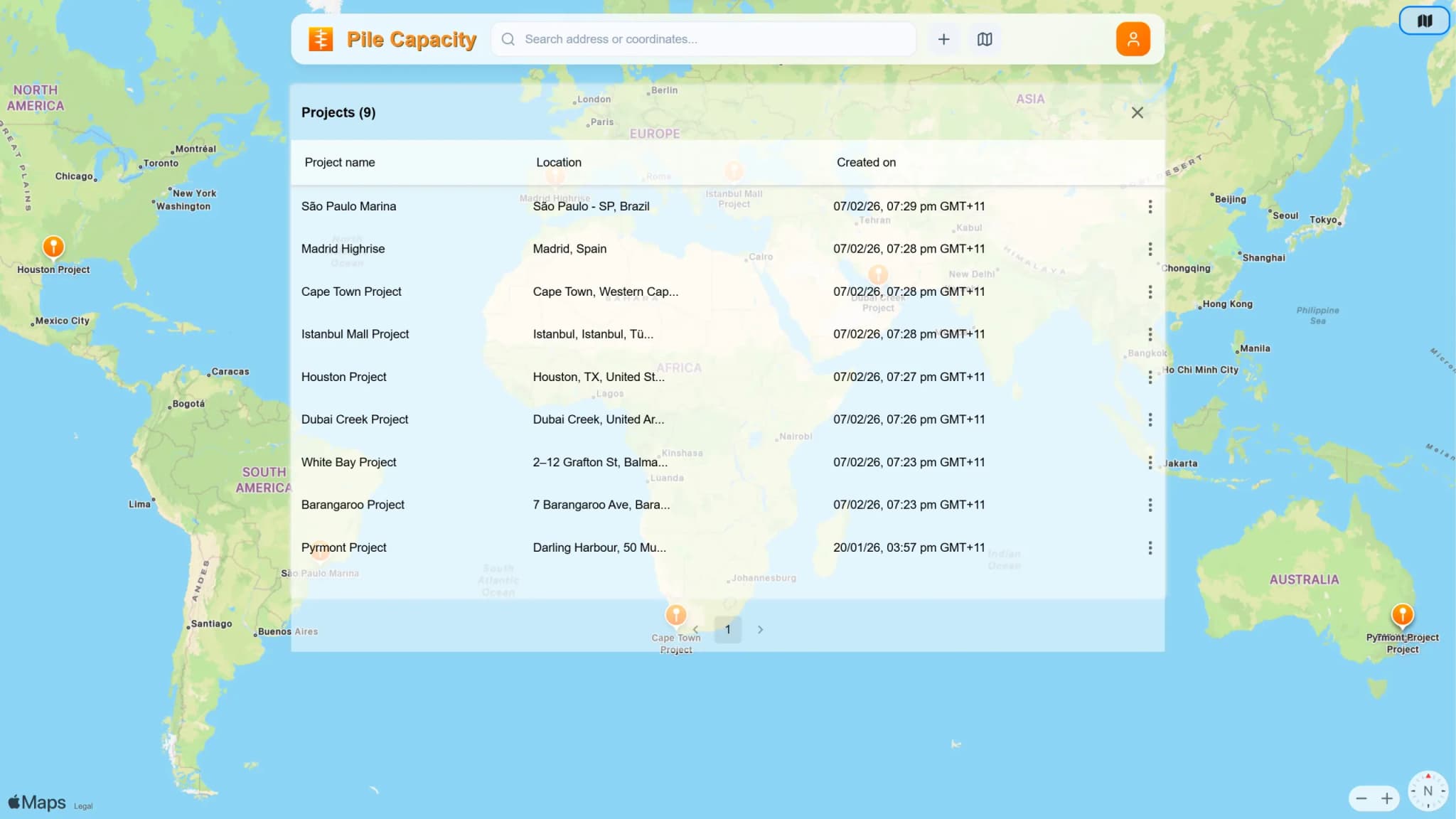 The map-based project database: nine projects pinned worldwide, with the project list open over the map