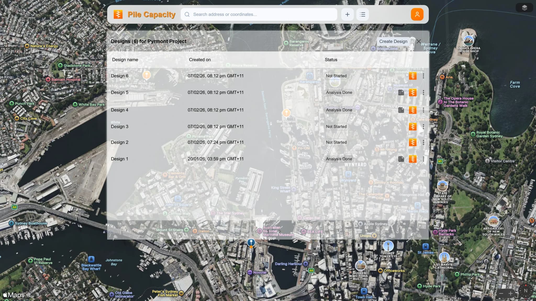 A project pinned on the map with its six designs listed, three of them analysed