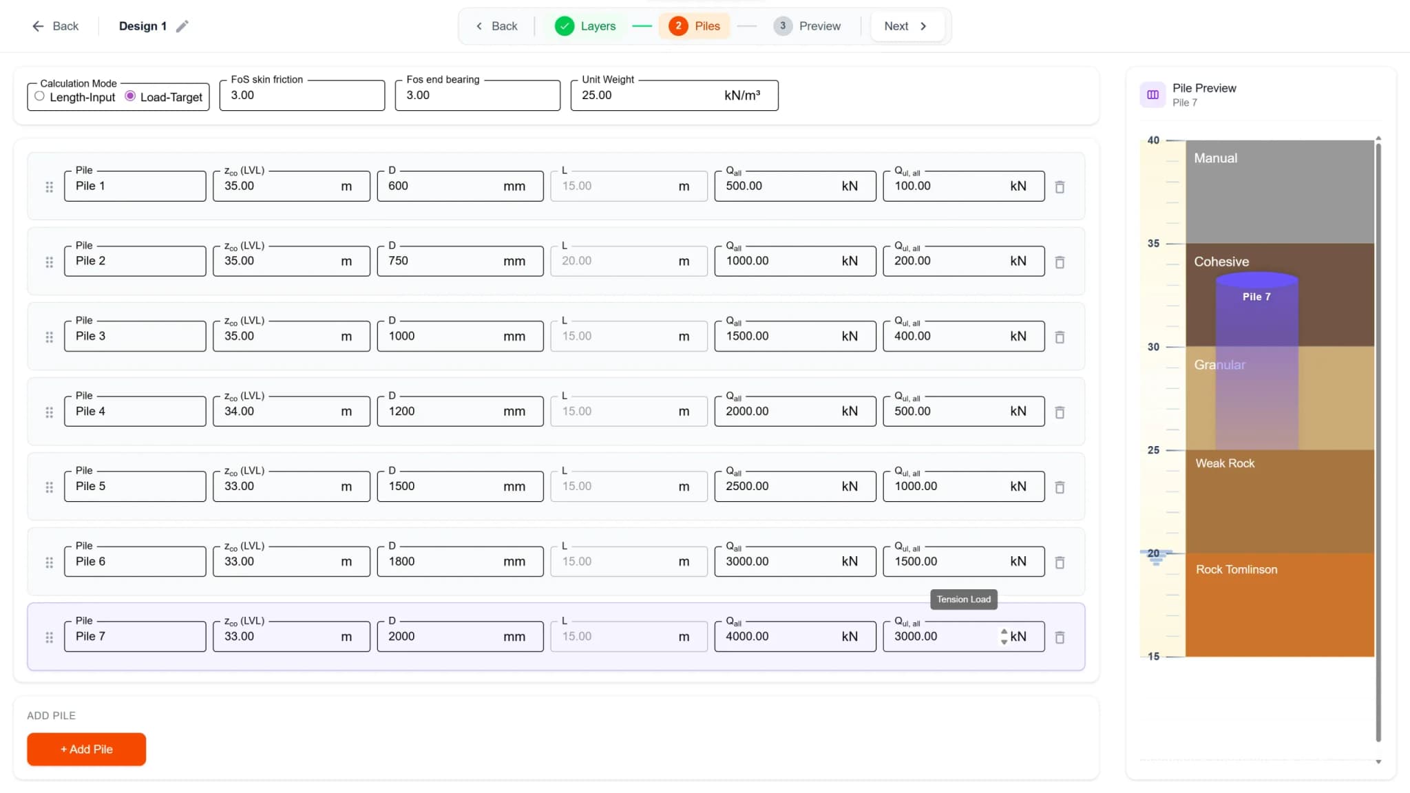 The pile schedule in Load-Target mode: seven piles with diameters, cut-off levels and target loads, with a pile preview alongside