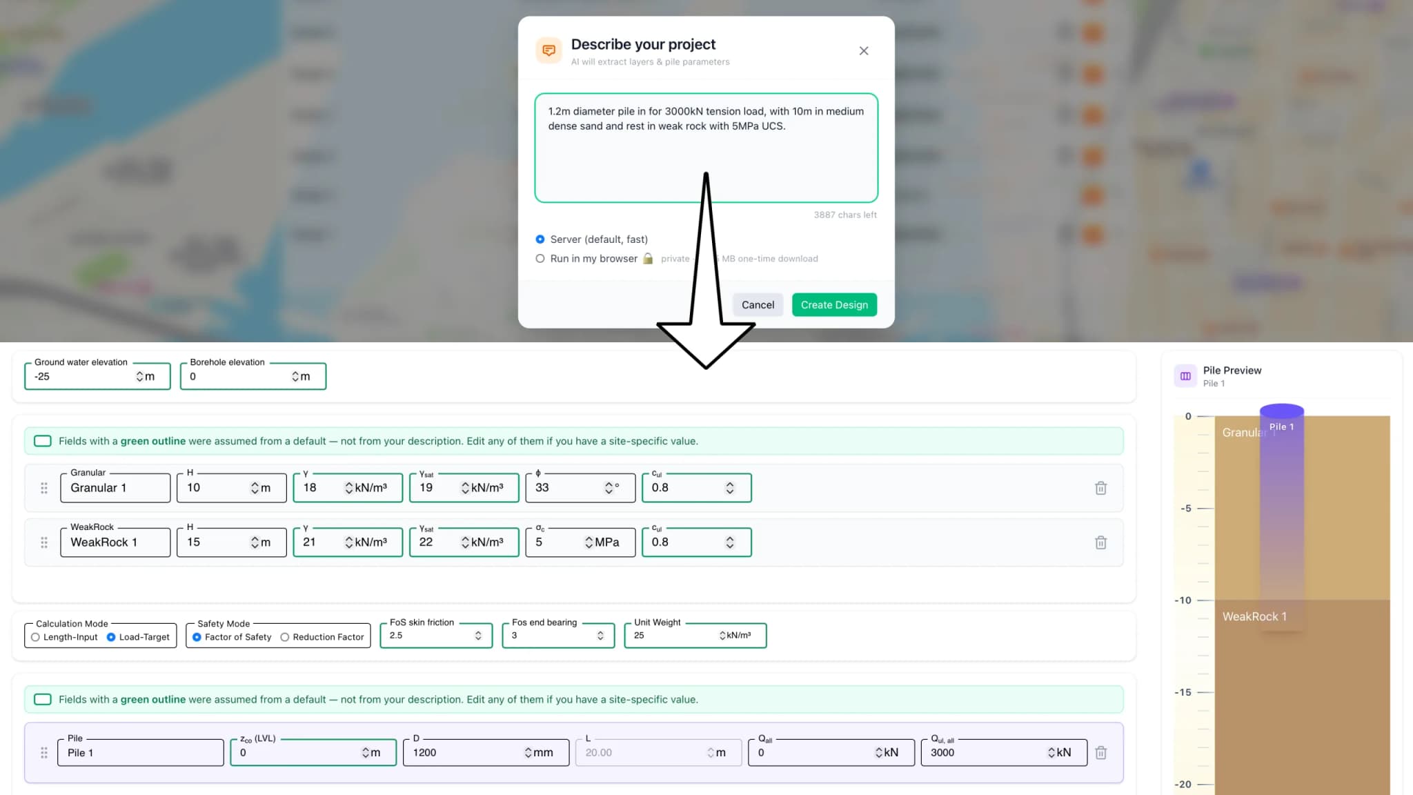 The Describe-with-AI modal turning a one-sentence brief into a drafted design, with the assumed values outlined in green in the form below